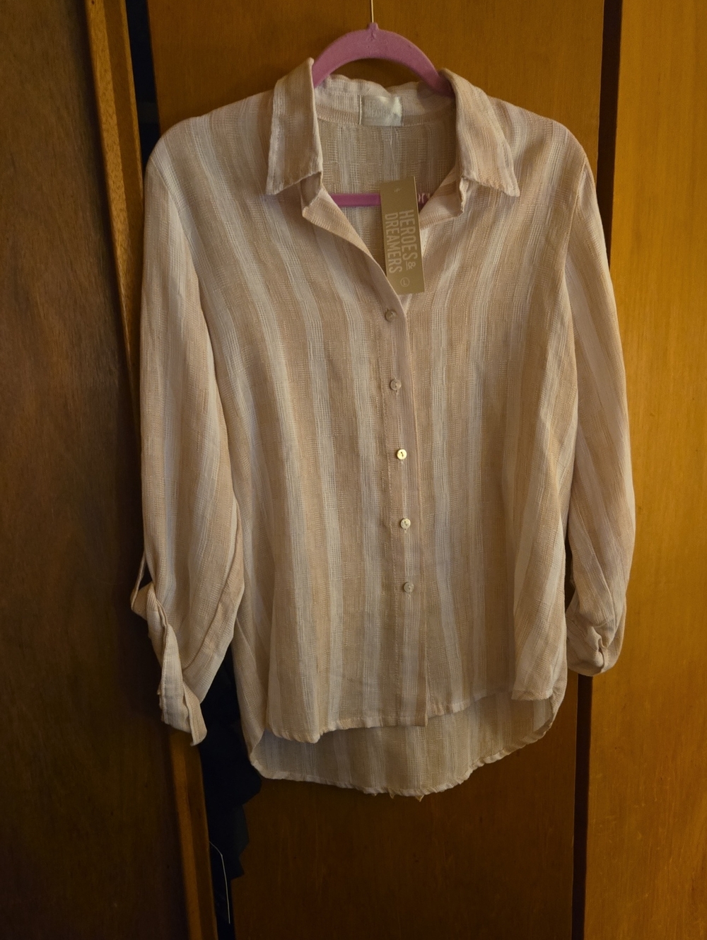 Relaxed Light Pink Stripe Button-Down Shirt With Travel Destinations On Back